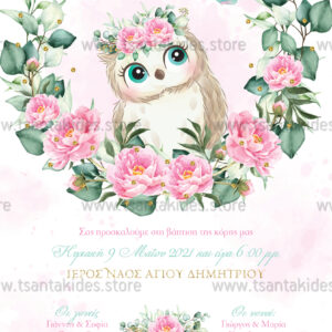 TS263 prosklitirio vaptisis koritsi girl owl little cute floral koukouvagia